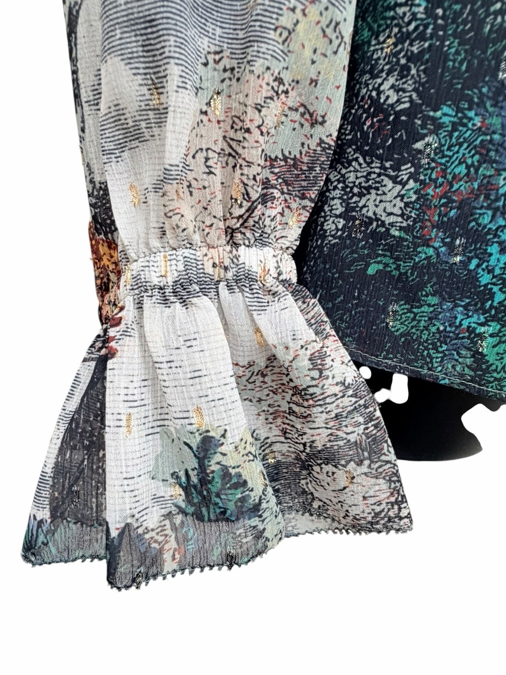 White House Black Market M Scenic Toile Print Sheer Blouse Ruffle Cuff - Picture 11 of 15
